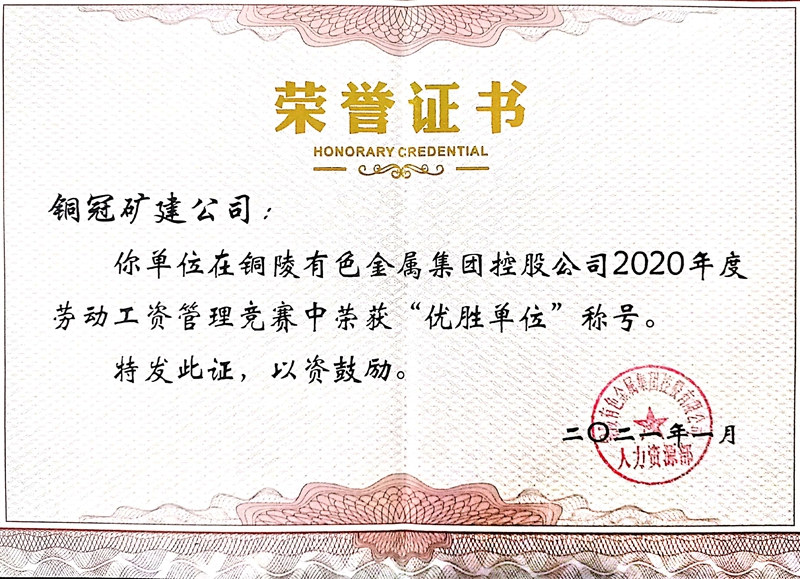 2020年度劳动工资管理优胜单位称号